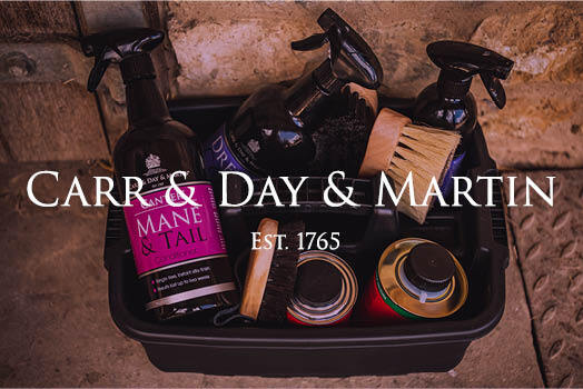 Carr & Day & Martin logo with horse lotions and sprays in background