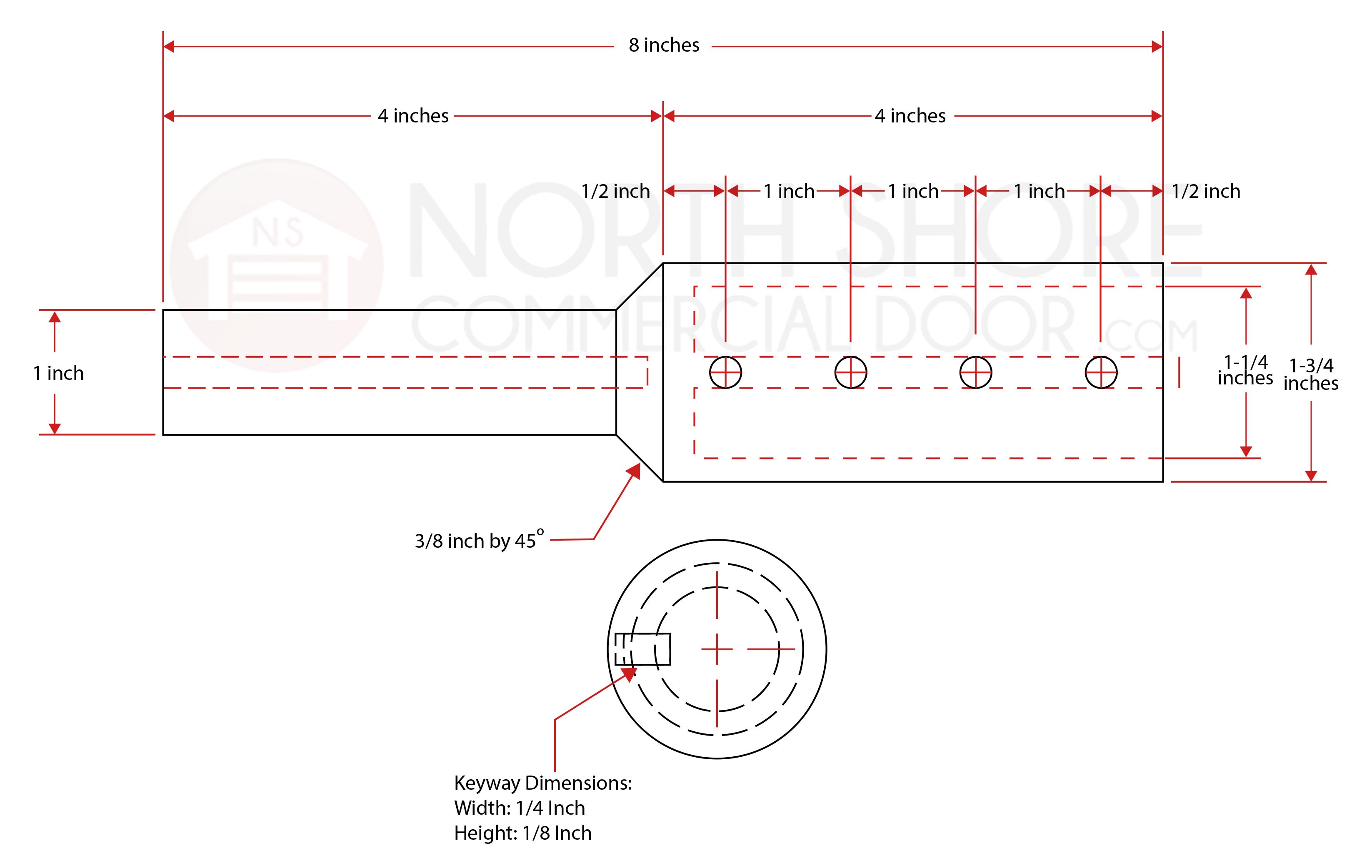 8 Inch Garage Door Shaft Extension for 1-1/4in Shaft Drawing