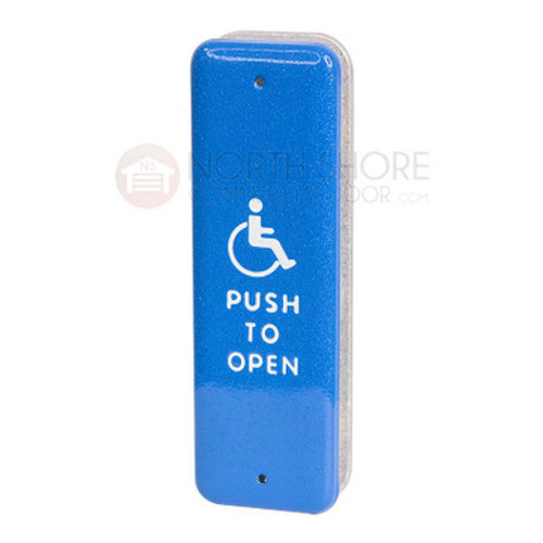 BEA 1-1/2 x 4-3/4 in. Blue-Faced Jamb Push Plate w/White Handicap Logo & PUSH TO OPEN Text 10PBJ1B