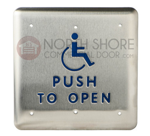 BEA 4.75 Square Push Plate w/blue Handicap Logo & 'Push to Open' text