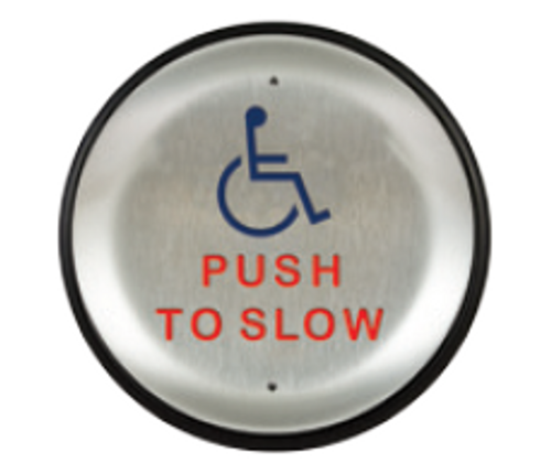 BEA 4.5" Round Push Plate w/blue Handicap Logo & red "Push to Slow" text 10PBR4510PTS