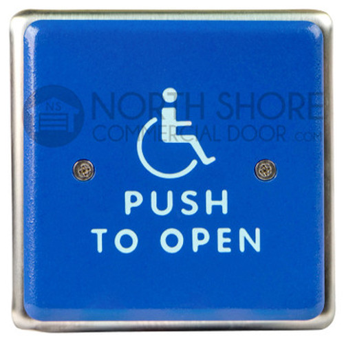 BEA 4.5 Square Blue-Faced Push Plate w/white Handicap Logo & "Push to Open" text 10PBS451B"