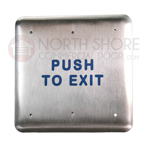 BEA 4.75" Square Push Plate w/blue "Push to Exit" text 10PBSE