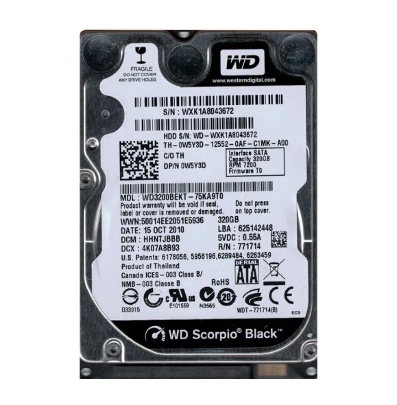 W5Y3D - Dell 320GB 7200RPM SATA 3Gb/s 16MB Cache 2.5-inch Hard Drive