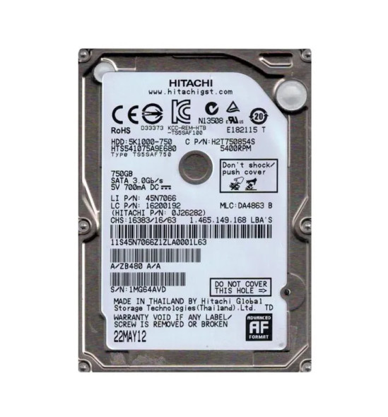 0J26282 - HGST Travelstar 5K1000 Series 750GB 5400RPM SATA 6Gb/s 8MB Cache (512e) 2.5-inch Hard Drive