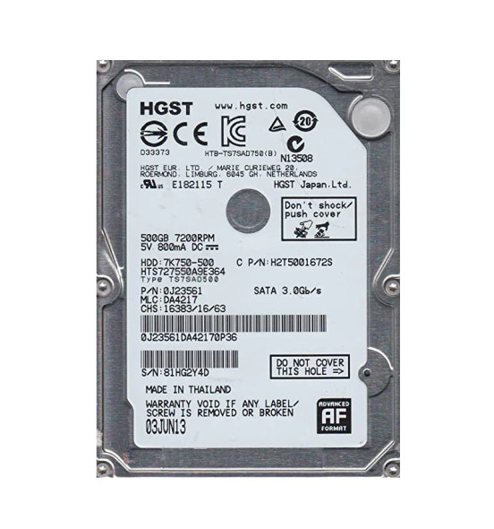 HTS727550A9E364 - HGST Travelstar 7K750 Series 500GB 7200RPM SATA 3Gb/s 16MB Cache (512e) 2.5-inch Hard Drive