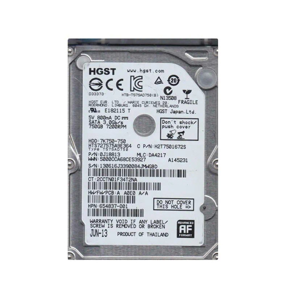 0J18813 - HGST Travelstar 7K750 Series 750GB 7200RPM SATA 3Gb/s 16MB Cache (512e) 2.5-inch Hard Drive