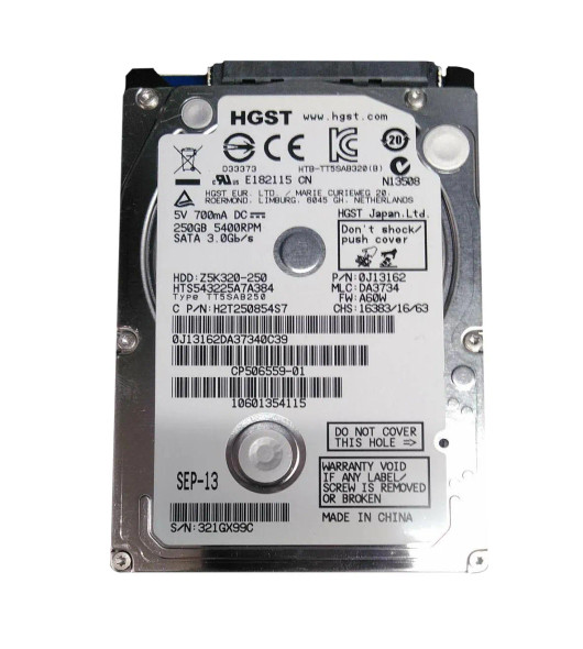 0J13162 - HGST Travelstar Z5K320 Series 250GB 5400RPM SATA 3Gb/s 8MB Cache (512) 2.5-inch Hard Drive