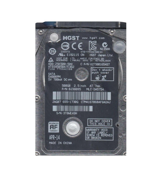 0J38085 - HGST Travelstar Z5K500 500GB 5400RPM SATA 3Gb/s 16MB Cache 2.5-inch Hard Drive