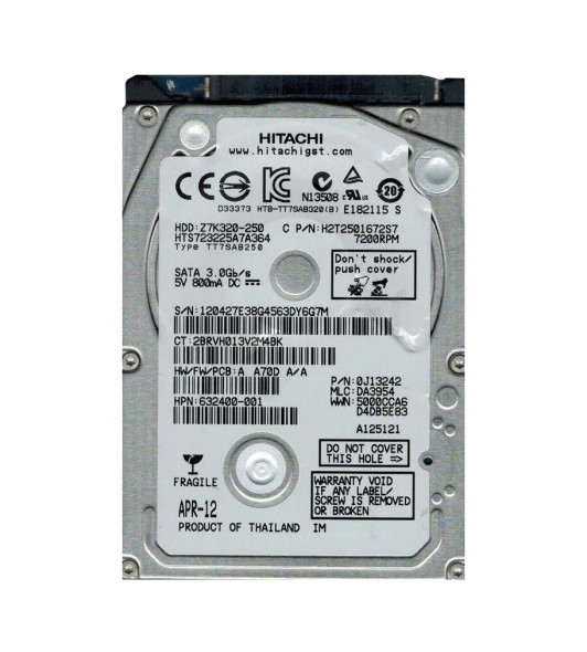 0J13242 - HGST Travelstar Z7K320 Series 250GB 7200RPM SATA 3Gb/s 16MB Cache (512) 2.5-inch Hard Drive