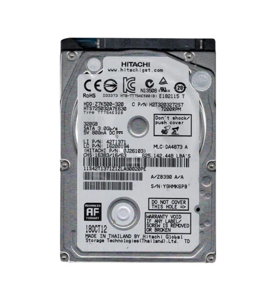 0J26103 - HGST Travelstar Z7K500 Series 320GB 7200RPM SATA 6Gb/s 32MB Cache (512e) 2.5-inch Hard Drive