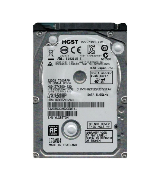 0J26053 - HGST Travelstar Z7K500 Series 320GB 7200RPM SATA 6Gb/s 32MB Cache 512e 2.5-inch Hard Drive