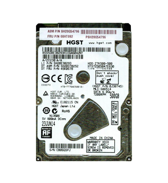 0J38745 - HGST Travelstar Z7K500 Series 500GB 7200RPM SATA 6Gb/s 32MB Cache (512e) 2.5-inch Hard Drive