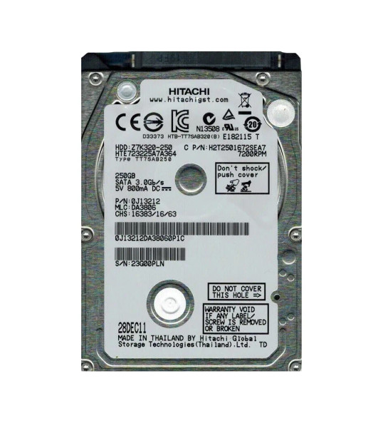 0J13212 - Hitachi TravelStar 250GB 7200RPM SATA 3Gb/s 16MB Cache 2.5-inch Hard Drive