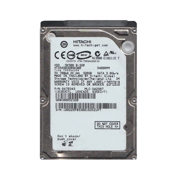 0A70343 - Hitachi Travelstar 5K500.B Series 320GB 5400RPM SATA 3Gb/s 8MB Cache 2.5-inch Hard Drive