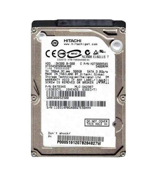 0A70345 - Hitachi Travelstar 5K500.B Series 500GB 5400RPM SATA 3Gb/s 8MB Cache 2.5-inch Hard Drive