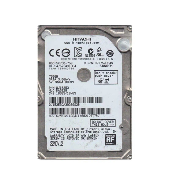 0J15353 - Hitachi Travelstar 5K750 Series 750GB 5400RPM SATA 3Gb/s 8MB Cache 512e 2.5-inch Hard Drive