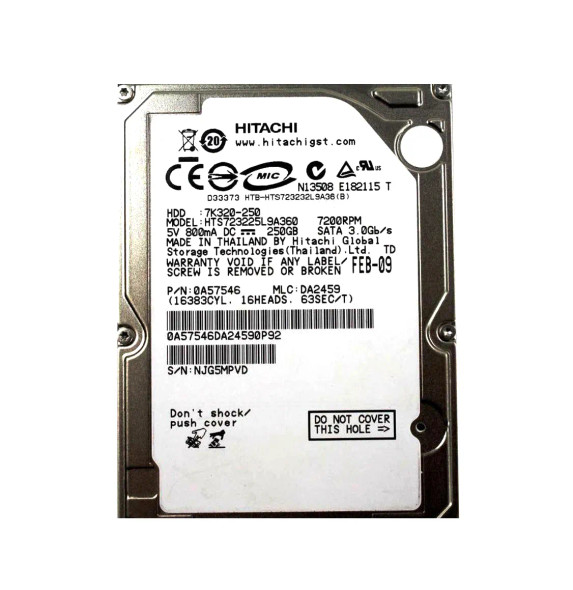 0A57546 - Hitachi Travelstar 7K320 Series 250GB 7200RPM SATA 3Gb/s 16MB Cache (512) 2.5-inch Hard Drive