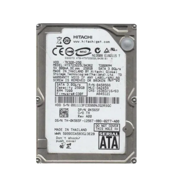 0A58566 - Hitachi Travelstar 7K320 Series 250GB 7200RPM SATA 3Gb/s 16MB Cache (512) 2.5-inch Hard Drive