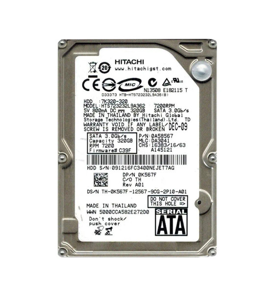 HTS723232L9A362 - Hitachi Travelstar 7K320 Series 320GB 7200RPM SATA 3Gb/s 16MB Cache (512) 2.5-inch Hard Drive