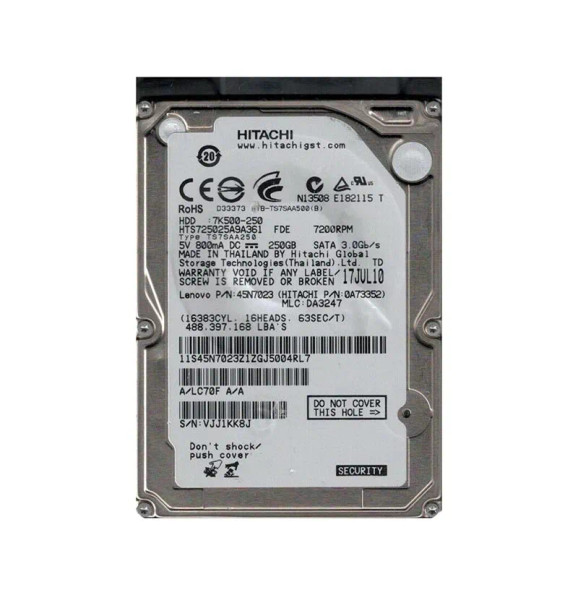 0A73352 - Hitachi Travelstar 7K500 Series 250GB 7200RPM SATA 3Gb/s 16MB Cache 512e (Bulk Data Encryption) 2.5-inch Hard Drive