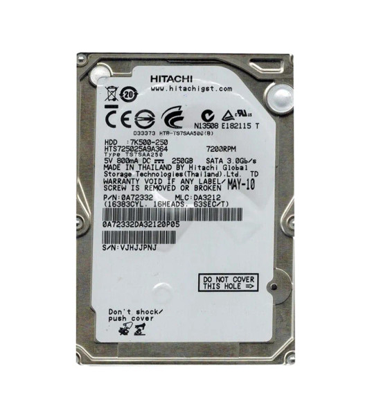 0A72332 - Hitachi Travelstar 7K500 Series 250GB 7200RPM SATA 3Gb/s 16MB Cache 512e 2.5-inch Hard Drive