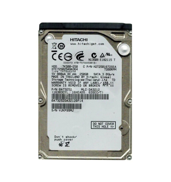 HTE725025A9A364 - Hitachi Travelstar 7K500 Series 250GB 7200RPM SATA 3Gb/s 16MB Cache 512e 2.5-inch Hard Drive