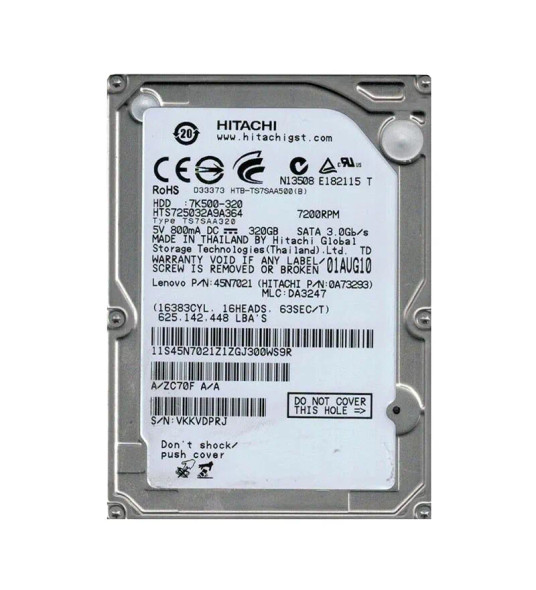 0A73293 - Hitachi Travelstar 7K500 Series 320GB 7200RPM SATA 3Gb/s 16MB Cache 512e 2.5-inch Hard Drive