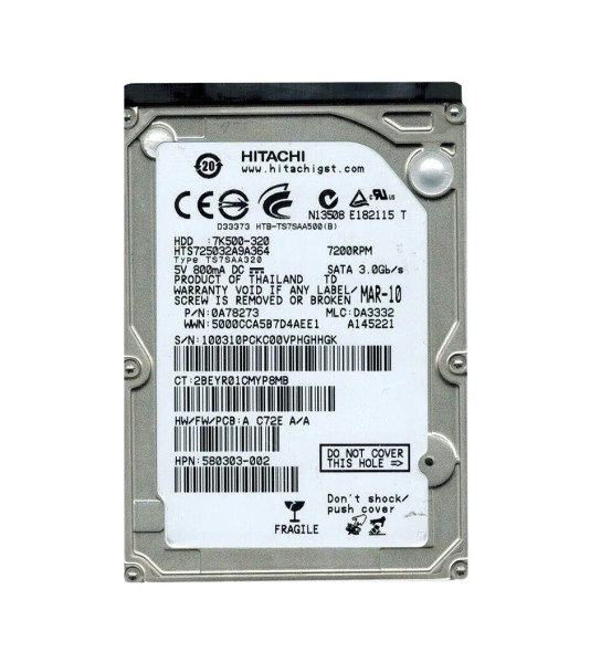 0A78273 - Hitachi Travelstar 7K500 Series 320GB 7200RPM SATA 3Gb/s 16MB Cache 512e 2.5-inch Hard Drive