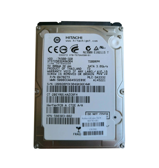 HTE725032A9A364 - Hitachi Travelstar 7K500 Series 320GB 7200RPM SATA 3Gb/s 16MB Cache 512e 2.5-inch Hard Drive