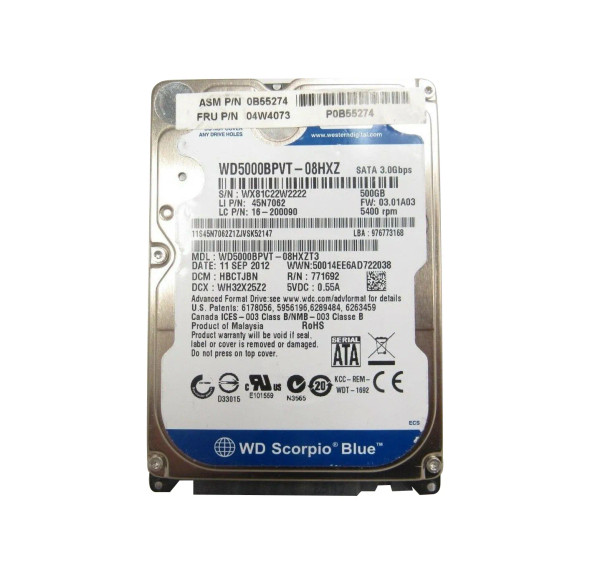 04W4073 - Lenovo 500GB 5400RPM SATA 3Gb/s 8MB Cache 2.5-inch Hard Drive
