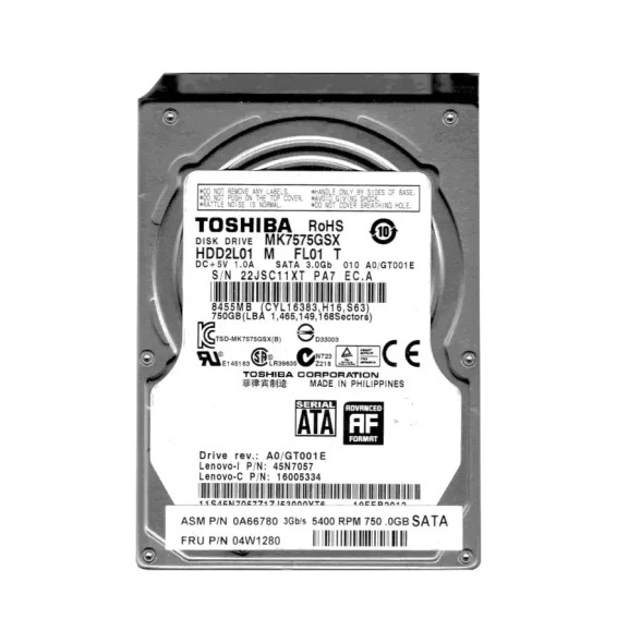 04W1280 - Lenovo 750GB 5400RPM SATA 3Gb/s 8MB Cache 2.5-inch Hard Drive