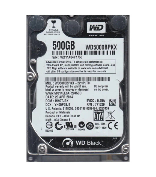 WD5000BPKX-22HPJT0 - Western Digital Black 500GB 7200RPM SATA 6Gb/s 16MB Cache 2.5-inch Hard Drive