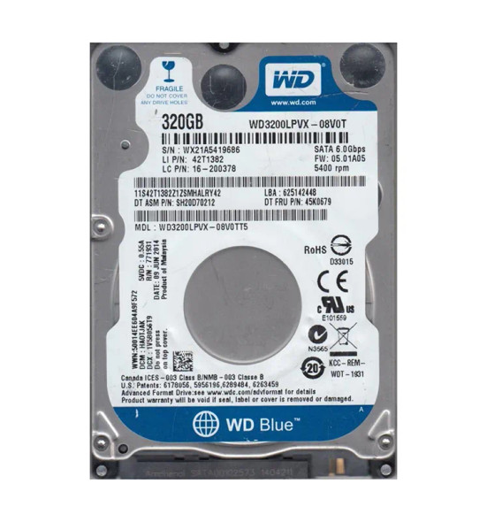 WD3200LPVX-08V0TT5 - Western Digital Blue 320GB 5400RPM SATA 6Gb/s 8MB Cache 2.5-inch Hard Drive