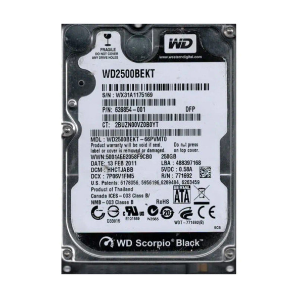 WD2500BEKT-66PVMT0 - Western Digital Scorpio Black 250GB 7200RPM SATA 3Gb/s 16MB Cache (RoHS) 2.5-inch Hard Drive