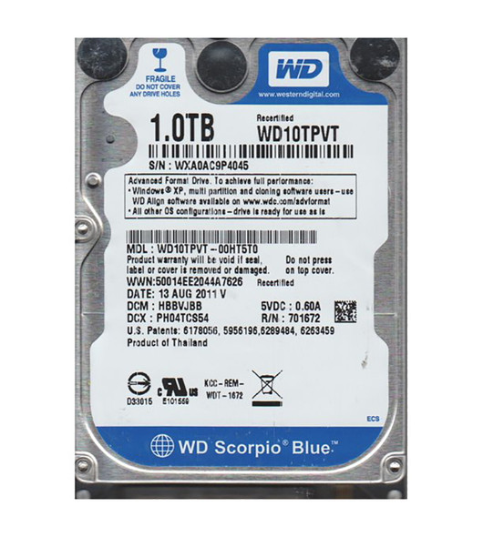 WD10TPVT-00HT5T0 - Western Digital Scorpio Blue 1TB SATA 3Gb/s 5200RPM 8MB Cache 2.5-inch Hard Drive