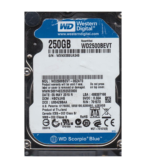 WD2500BEVT-00ZAT0 - Western Digital Scorpio Blue 250GB 5400RPM SATA 3Gb/s 8MB Cache 2.5-inch Hard Drive