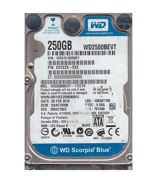 WD2500BEVT-11ZCT0 - Western Digital Scorpio Blue 250GB 5400RPM SATA 3Gb/s 8MB Cache 2.5-inch Hard Drive