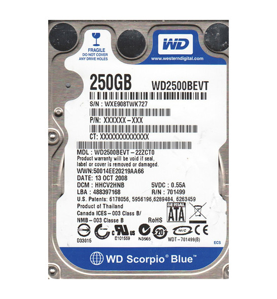 WD2500BEVT-22ZCT0 - Western Digital Scorpio Blue 250GB 5400RPM SATA 3Gb/s 8MB Cache 2.5-inch Hard Drive