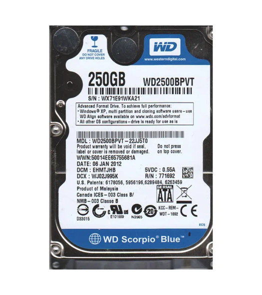 WD2500BPVT-22JJ5T0 - Western Digital Scorpio Blue 250GB 5400RPM SATA 3Gb/s 8MB Cache 2.5-inch Hard Drive