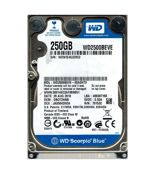 WD2500BEVE-00A0HT0 - Western Digital Scorpio Blue 250GB EIDE 5400RPM 8MB Cache 2.5-inch Hard Drive