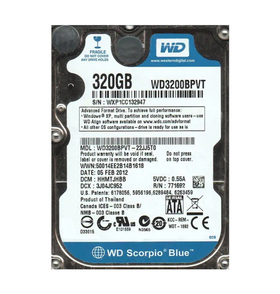 WD3200BPVT-22JJ5T0 - Western Digital Scorpio Blue 320GB 5400RPM SATA 3Gb/s 8MB Cache (RoHS) 2.5-inch Hard Drive