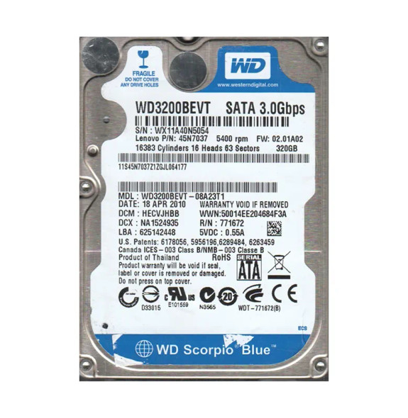 WD3200BEVT-08A23T1 - Western Digital Scorpio Blue 320GB 5400RPM SATA 3Gb/s 8MB Cache 2.5-inch Hard Drive