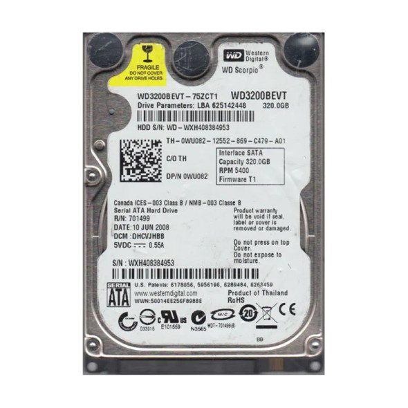 WD3200BEVT-75ZCT1 - Western Digital Scorpio Blue 320GB 5400RPM SATA 3Gb/s 8MB Cache 2.5-inch Hard Drive