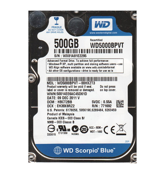 WD5000BPVT-00HXZT3 - Western Digital Scorpio Blue 500GB 5400RPM SATA 3Gb/s 8MB Cache 2.5-inch Hard Drive