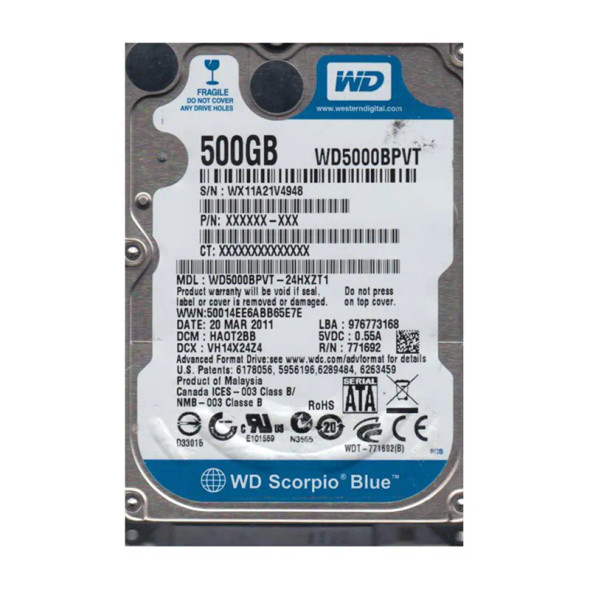 WD5000BPVT-24HXZT1 - Western Digital Scorpio Blue 500GB 5400RPM SATA 3Gb/s 8MB Cache 2.5-inch Hard Drive