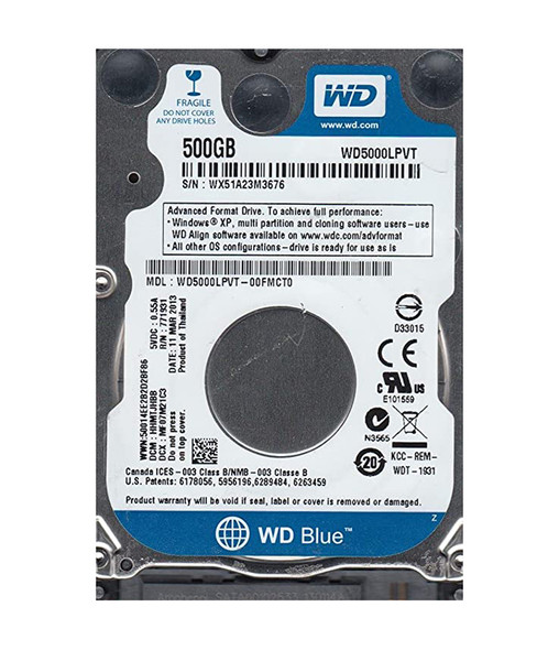 WD5000LPVT-00FMCT0 - Western Digital Scorpio Blue 500GB 5400RPM SATA 3Gb/s 8MB Cache 2.5-inch Hard Drive