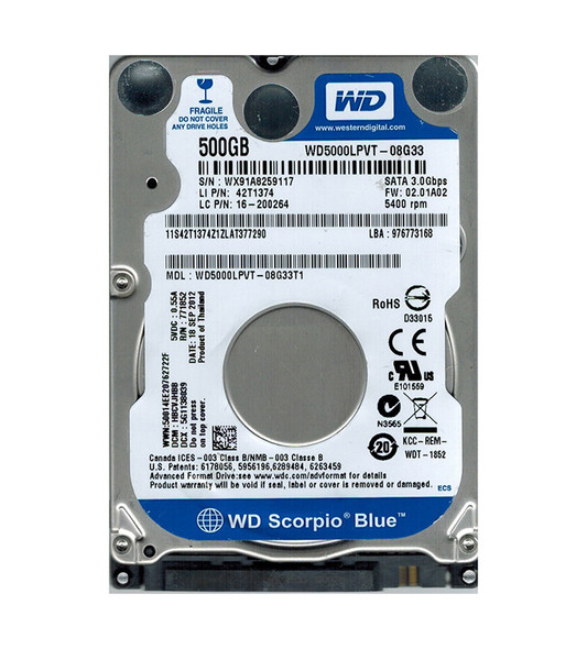 WD5000LPVT-08G33T1 - Western Digital Scorpio Blue 500GB 5400RPM SATA 3Gb/s 8MB Cache 2.5-inch Hard Drive
