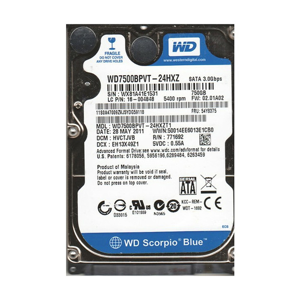 WD7500BPVT-24HXZ - Western Digital Scorpio Blue 750GB 5400RPM SATA 3Gb/s 8MB Cache 2.5-inch Hard Drive
