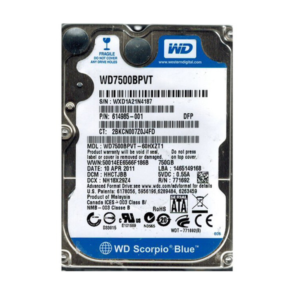 WD7500BPVT-60HXZT1 - Western Digital Scorpio Blue 750GB 5400RPM SATA 3Gb/s 8MB Cache 2.5-inch Hard Drive
